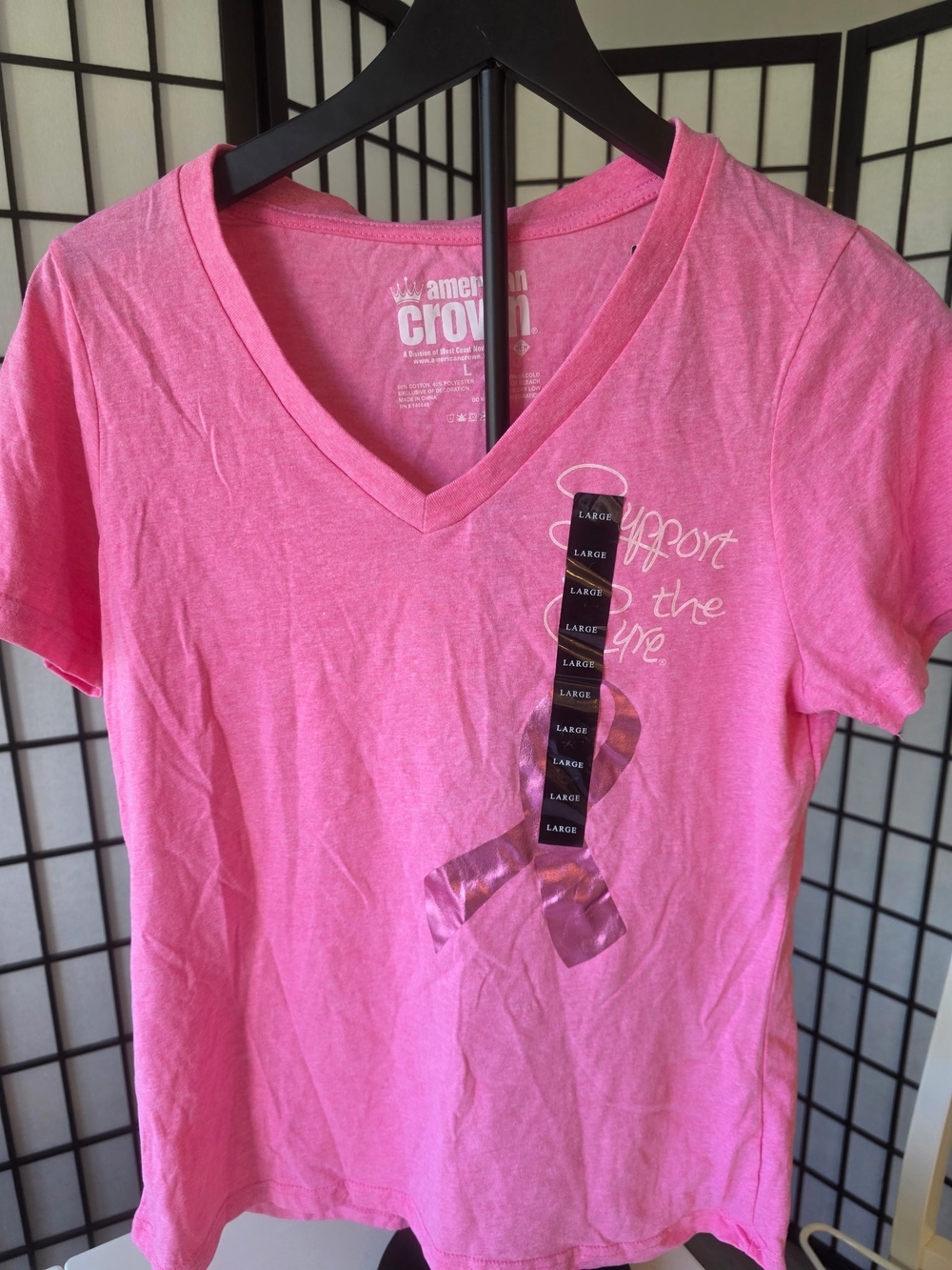 NWT American Crown Women's Pink V-Neck Breast Cancer Support Tee ~ Size Large